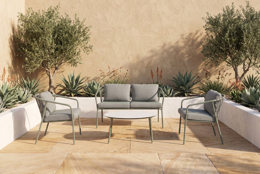 FRAGMA IV 4-Seater Outdoor Lounge Setting in Pine Green styled on a Mediterranean-inspired Australian terrace
