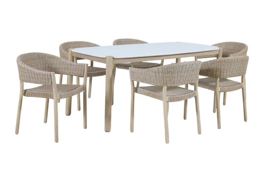 KERRIA VII 6-Seater Outdoor Dining Setting, Timber Frames, Wicker Dining Chairs, Cement Tabletop