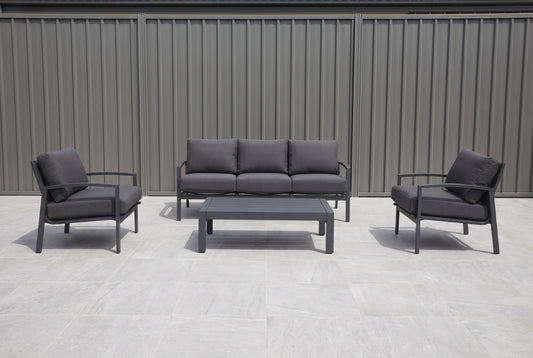 PESCO IV 5-Seater Outdoor Lounge Setting in Gunmetal on a light porcelain paved terrace