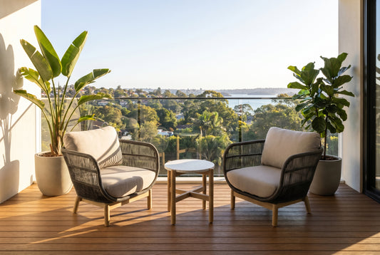 PINO III 2-Seater Outdoor Chat Setting 500mm Coffee Table on a modern balcony.