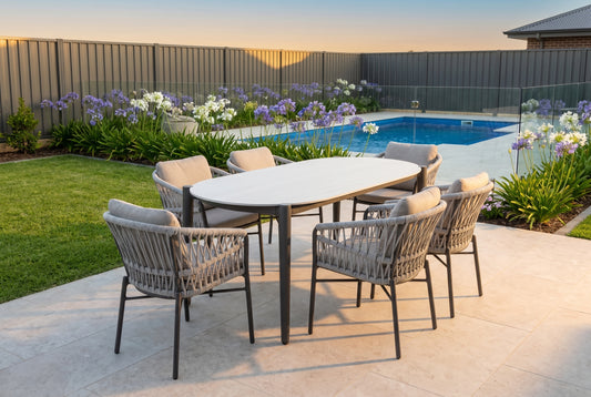ALYA VII 6-Seater Outdoor Dining Setting styled in a modern Australian alfresco entertaining area