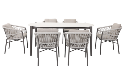 ALYA VII 6-Seater Outdoor Dining Setting, Aluminium Frame with Rope Dining Chairs, Stone Tabletop