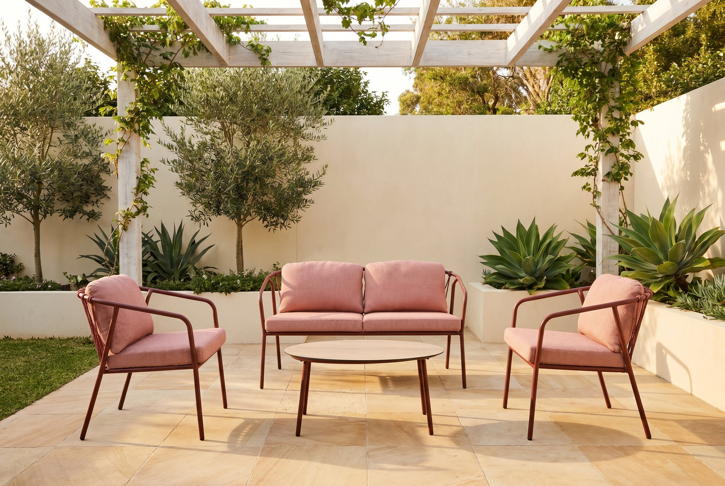 FRAGMA IV 4-Seater Outdoor Lounge Setting in Wine Red styled on a Mediterranean-inspired Australian terrace