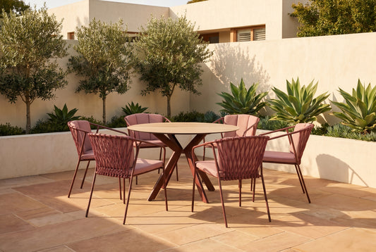 FRAGMA VII 6-Seater Outdoor Round Dining Setting in Wine Red styled on a Mediterranean-inspired Australian terrace