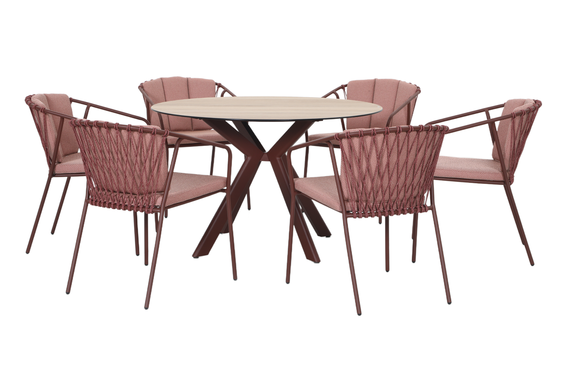 FRAGMA VII 6-Seater Outdoor Round Dining Setting in Wine Red – Aluminium Frame with Rope Dining Chairs