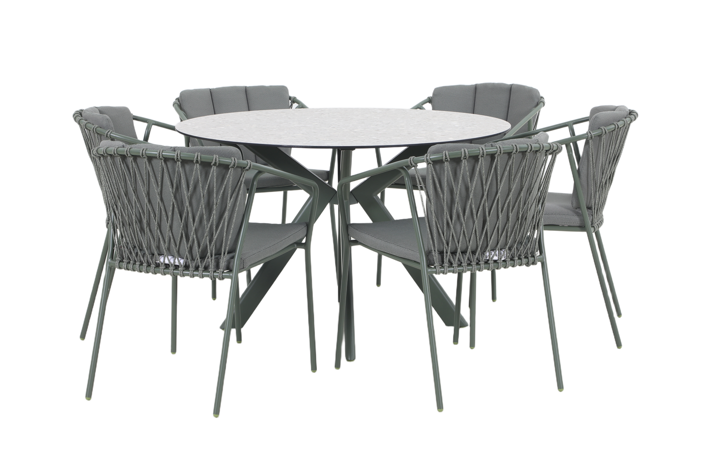 FRAGMA VII 6-Seater Outdoor Round Dining Setting in Pine Green – Aluminium Frame with Rope Dining Chairs