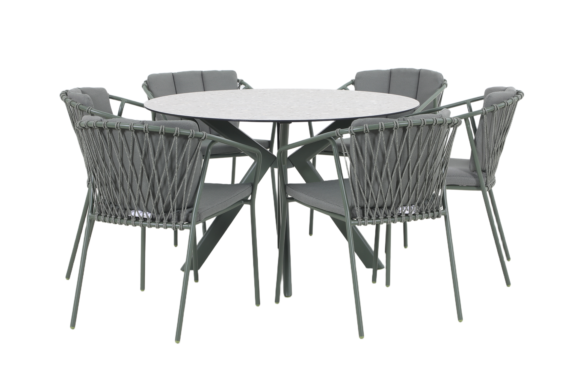 FRAGMA VII 6-Seater Outdoor Round Dining Setting in Pine Green – Aluminium Frame with Rope Dining Chairs
