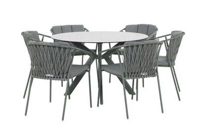 FRAGMA VII 6-Seater Outdoor Round Dining Setting in Pine Green – Aluminium Frame with Rope Dining Chairs