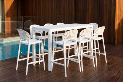 FRESIA IX 8-Seater Outdoor Bar Setting on a timbered deck next to a pool.