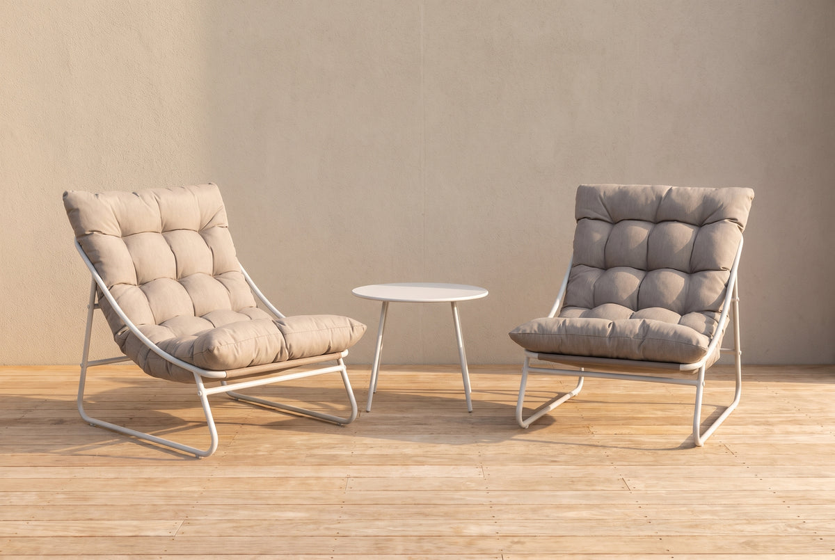 GERANIO III 2-Seater Outdoor Chat Setting on a light warm timber deck