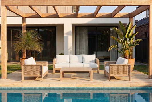 KOMODO IV 5-Seater Outdoor Lounge Setting styled beside a pool on a modern Australian alfresco