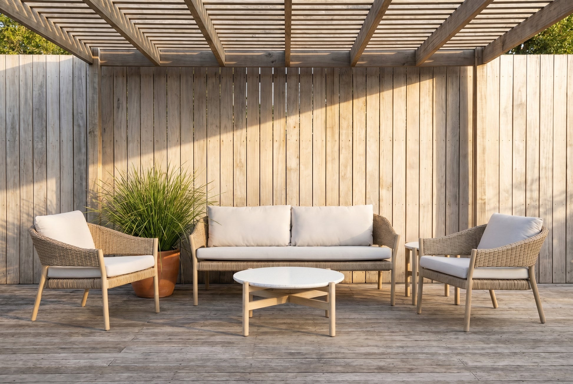 LECCIO V 4-Seater Outdoor Lounge Setting on a weathered timber deck