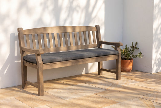 MIRTO 3-Seater Outdoor Bench on a sandstone paved terrace.