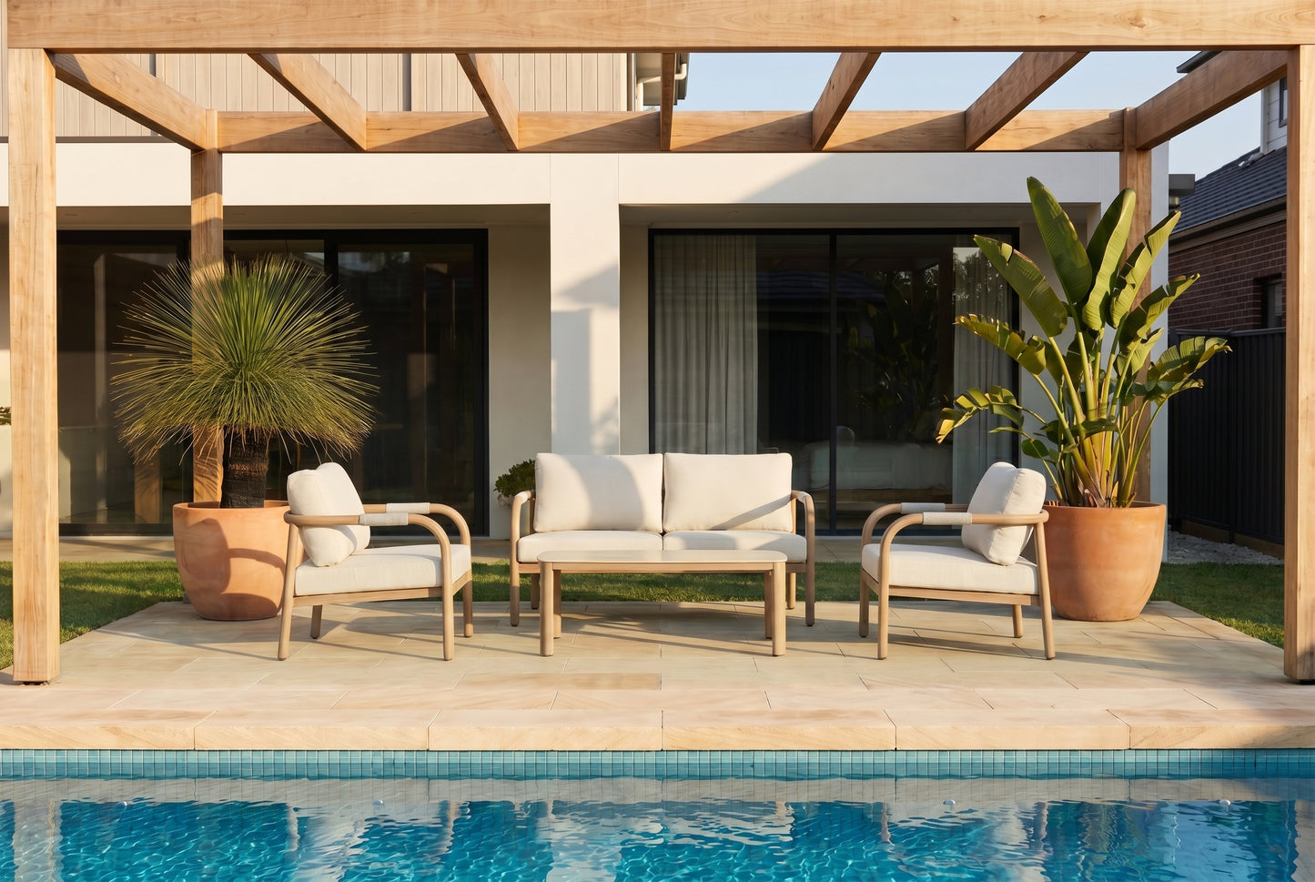 MYLO IV 4-Seater Outdoor Lounge Setting styled beside a pool on a modern Australian alfresco