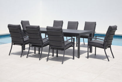 ORTENSIA IX 8-Seater Outdoor Dining Setting in Gunmetal beside a pool on an alfresco terrace