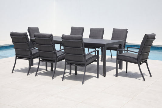 ORTENSIA IX 8-Seater Outdoor Dining Setting in Gunmetal beside a pool on an alfresco terrace