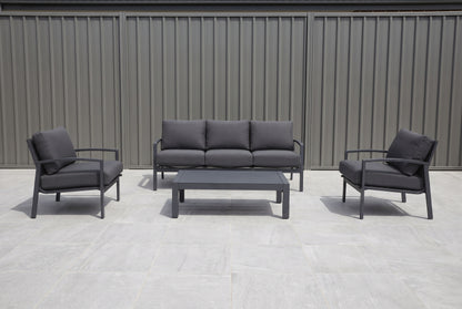 PESCO IV 5-Seater Outdoor Lounge Setting in Gunmetal on a light porcelain paved terrace