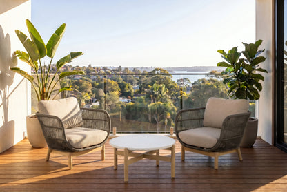 PINO III 2-Seater Outdoor Chat Setting 800mm Coffee Table on a modern balcony.