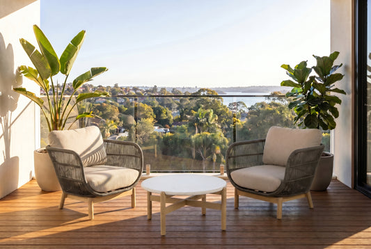 PINO III 2-Seater Outdoor Chat Setting 800mm Coffee Table on a modern balcony.