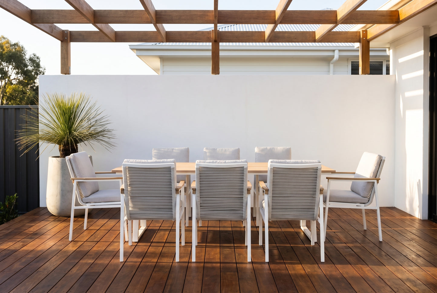 SUSANO IX 8-Seater Outdoor Dining Setting in White on a timber deck