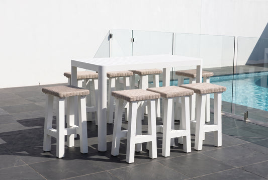 TIMO IX 8-Seater Outdoor Bar Setting beside a pool on an alfresco terrace