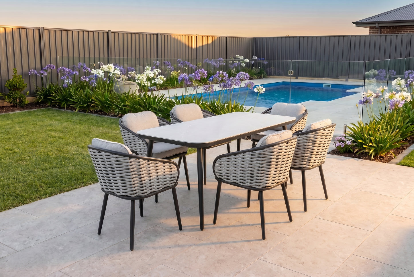 YOTTO VII 6-Seater Outdoor Dining Setting in a suburban backyard