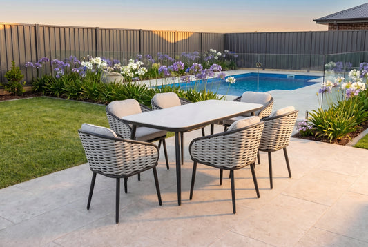 YOTTO VII 6-Seater Outdoor Dining Setting in a suburban backyard