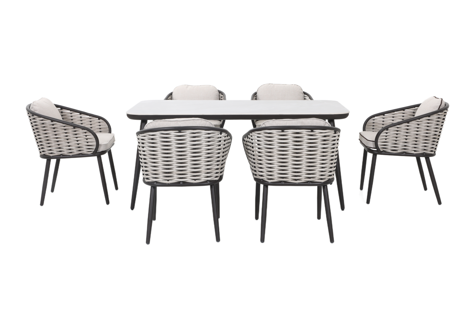 YOTTO VII 6-Seater Outdoor Dining Setting, Aluminium Frame with Wicker Dining Chairs, Stone Tabletop